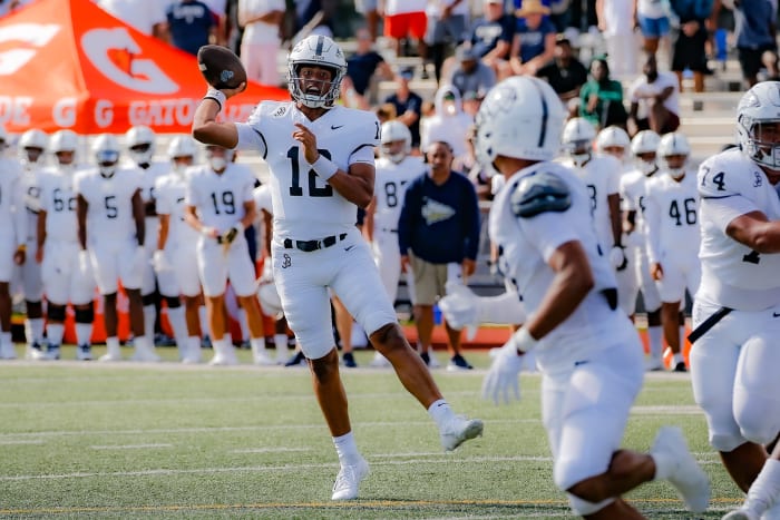 Caleb Sanchez (12) during a 20-7 win at St. Thomas Aquinas (Fort Lauderdale, Fla.) on Aug. 26, when he threw for 356 yards and two touchdowns in a nationally-televised game.